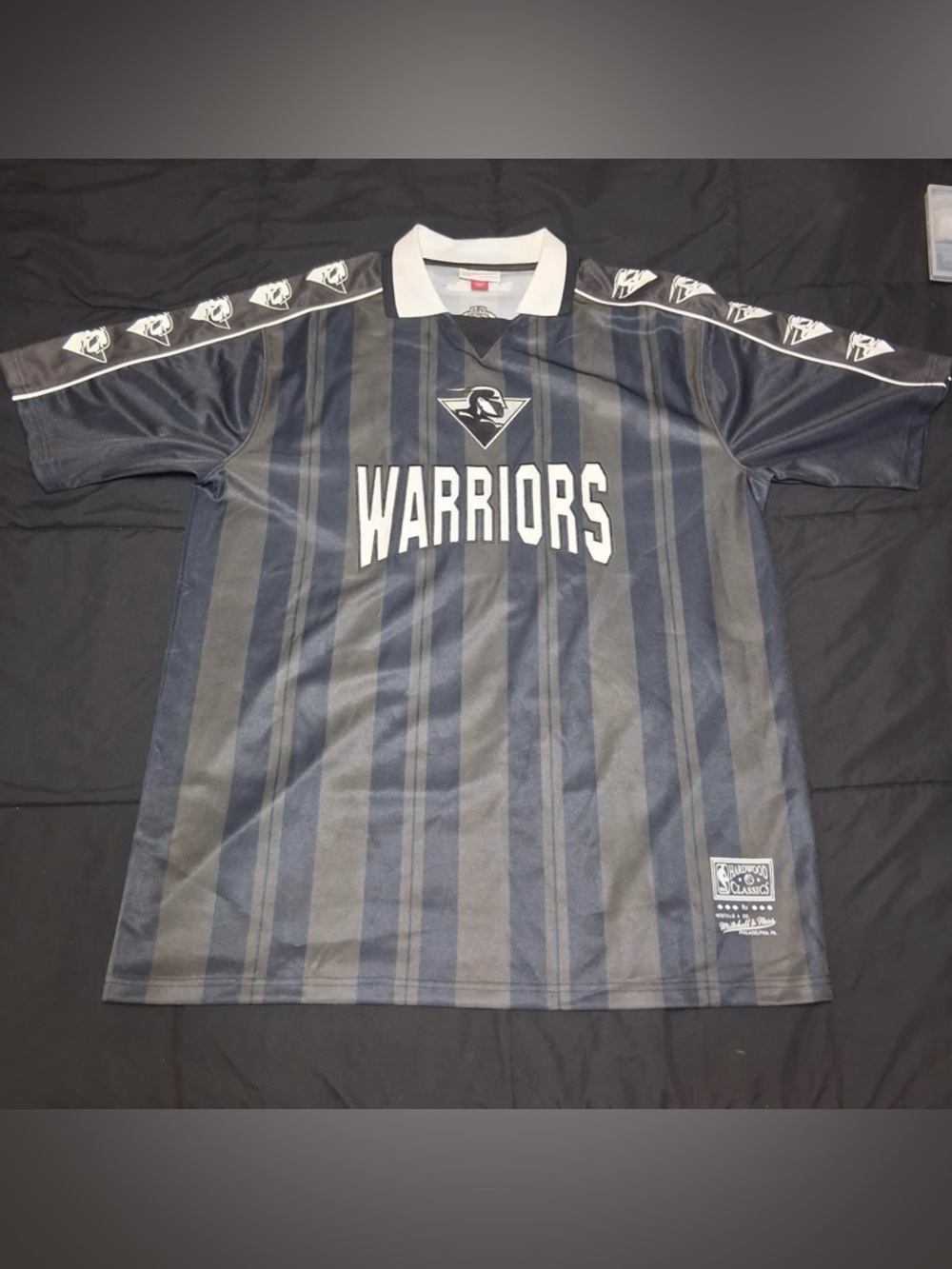 Mitchell & Ness Men NBA Golden State Warriors Striped Striker Polo Shirt L -NWOT